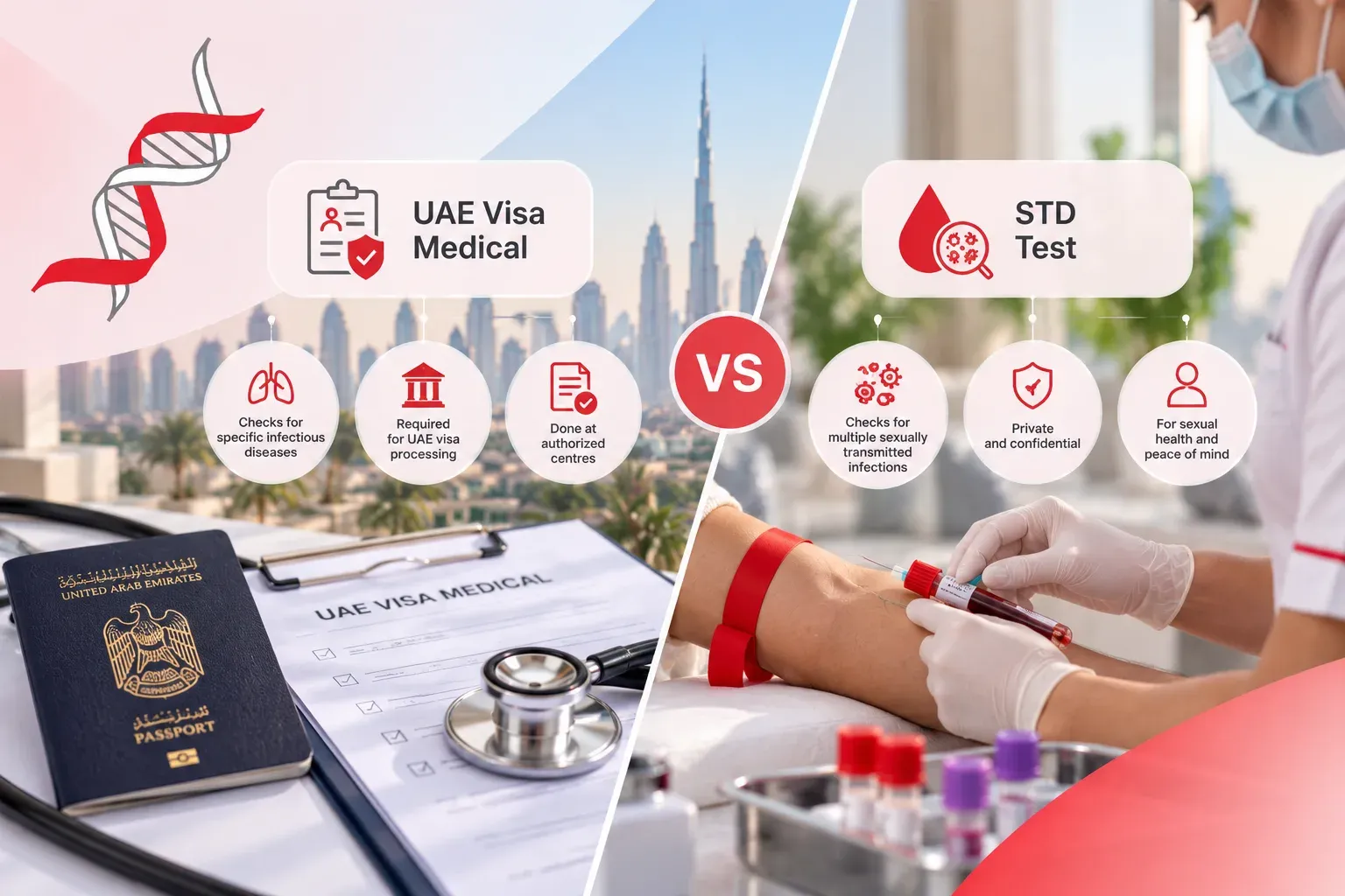 الفحص الطبي للتأشيرة في الإمارات مقابل فحص الأمراض المنقولة جنسياً: ماذا يكشف كل منهما